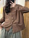 Women Vintage Solid Button Pocket O-Neck Cotton Blouse