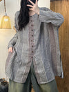 Women Autumn Vintage Stripe Linen Button Loose Shirt