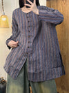 Women Autumn Vintage Stripe Linen Button Loose Shirt