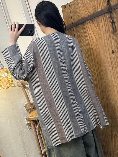 Women Autumn Vintage Stripe Linen Button Loose Shirt