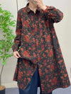 Women Autumn Vintage Flower Button-up Cotton Linen Long Shirt