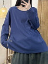 Women Autumn Solid Casual Embroidery O-Neck Cotton Blouse