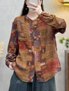 Women Artsy Autumn Flower Print O-Neck Button Blouse