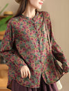 Women Autumn Vintage Flower Button-up Cotton Blouse