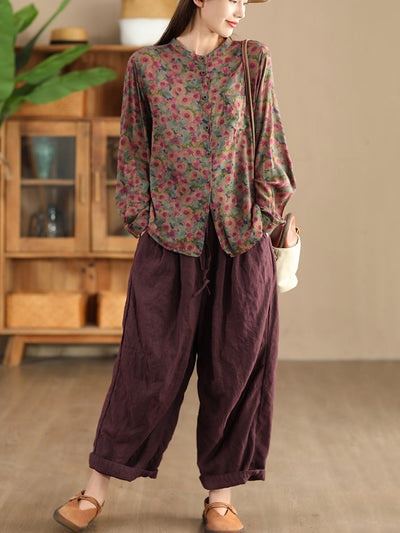 Women Autumn Vintage Flower Button-up Cotton Blouse