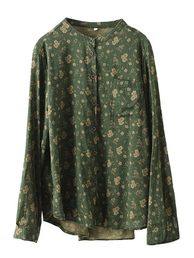 Women Autumn Vintage Flower Button-up Cotton Blouse