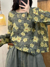 Women Autumn Artsy Flower O-Neck Ramie Shirt