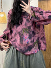 Women Autumn Artsy Flower O-Neck Ramie Shirt