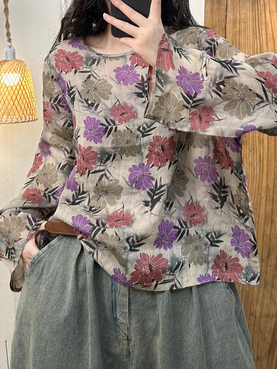 Women Autumn Artsy Flower O-Neck Ramie Shirt