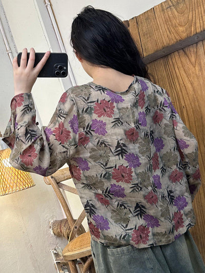 Women Autumn Artsy Flower O-Neck Ramie Shirt