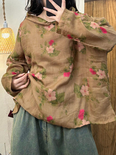 Women Autumn Artsy Flower Hooded Ramie Shirt