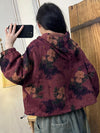 Women Autumn Artsy Flower Cotton Hooded Coat