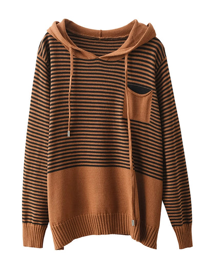 Women Autumn Casual Stripe Colorblock Hooded Sweatshirt