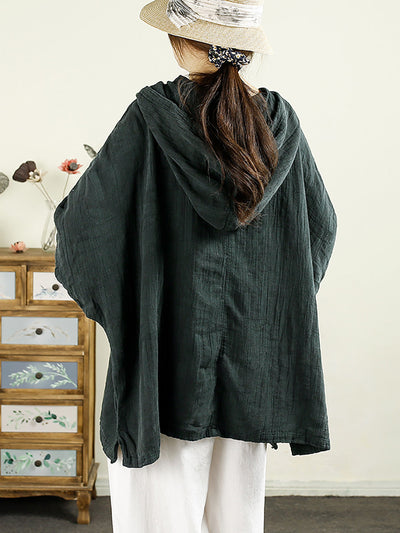 Women Autumn Artsy Pure Color Hooded Linen Shirt