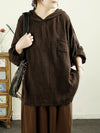 Women Autumn Artsy Pure Color Hooded Linen Shirt