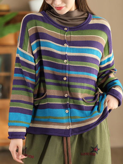 Women Casual Autumn Colorblock Stripe O-Neck Cotton Sweater