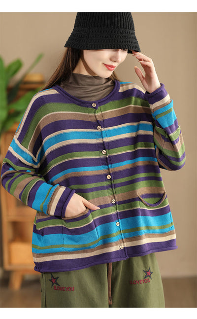 Women Casual Autumn Colorblock Stripe O-Neck Cotton Sweater