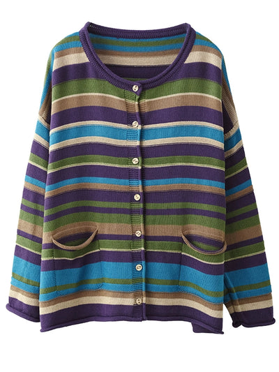 Women Casual Autumn Colorblock Stripe O-Neck Cotton Sweater