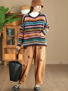 Women Casual Autumn Colorblock Stripe O-Neck Cotton Sweater