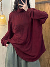 Women Autumn Retro Pure Color Spliced Turtleneck Cotton Blouse