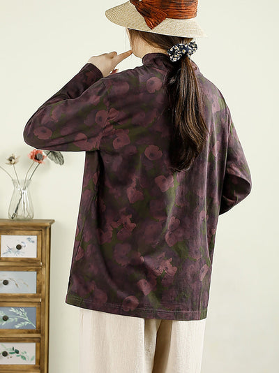 Women Autumn Artsy Flower Turtleneck Cotton Shirt