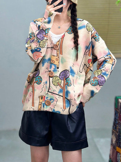 Women Casual Autumn Cartoon V-Neck Sweater