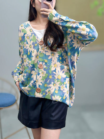 Women Autumn Flower V-Neck Knit Cardigan Sweater