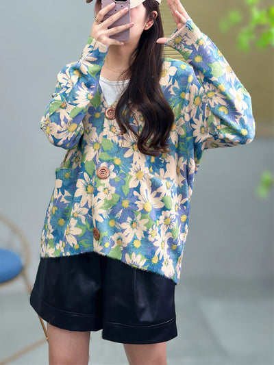 Women Autumn Flower V-Neck Knit Cardigan Sweater