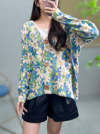 Women Autumn Flower V-Neck Knit Cardigan Sweater