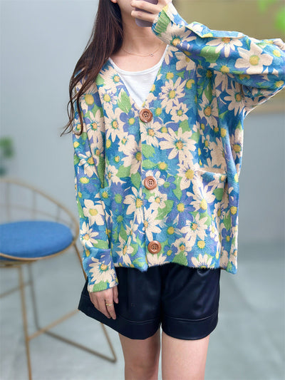 Women Autumn Flower V-Neck Knit Cardigan Sweater