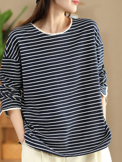 Women Autumn Stripe Lacwork Collar O-Neck Cotton Blouse