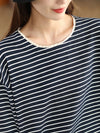 Women Autumn Stripe Lacwork Collar O-Neck Cotton Blouse