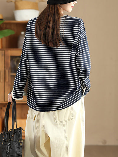 Women Autumn Stripe Lacwork Collar O-Neck Cotton Blouse