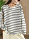 Women Autumn Stripe Lacwork Collar O-Neck Cotton Blouse