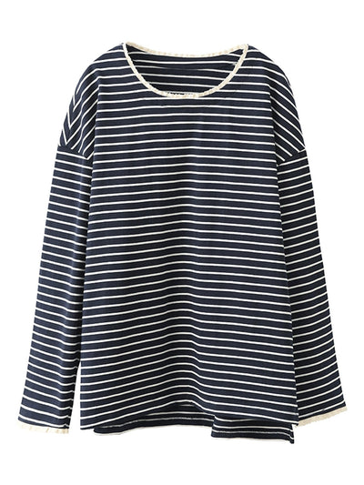 Women Autumn Stripe Lacwork Collar O-Neck Cotton Blouse