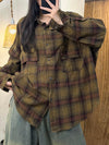 Women Autumn Vintage Plaid Turn-down Cotton Shirt