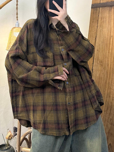 Women Autumn Vintage Plaid Turn-down Cotton Shirt