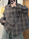 Women Autumn Vintage Plaid Turn-down Cotton Shirt