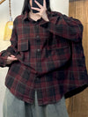 Women Autumn Vintage Plaid Turn-down Cotton Shirt