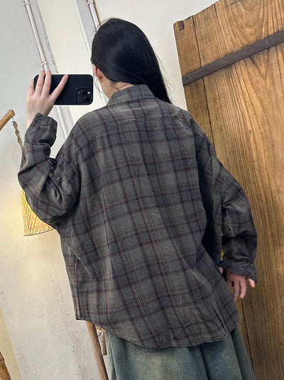 Women Autumn Vintage Plaid Turn-down Cotton Shirt