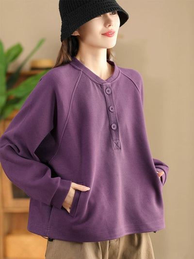 Women Autumn Pure Color Stand Collar Cotton Sweatshirt