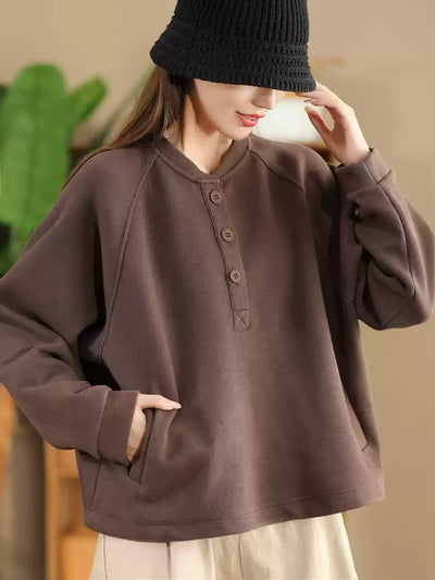 Women Autumn Pure Color Stand Collar Cotton Sweatshirt