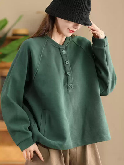 Women Autumn Pure Color Stand Collar Cotton Sweatshirt