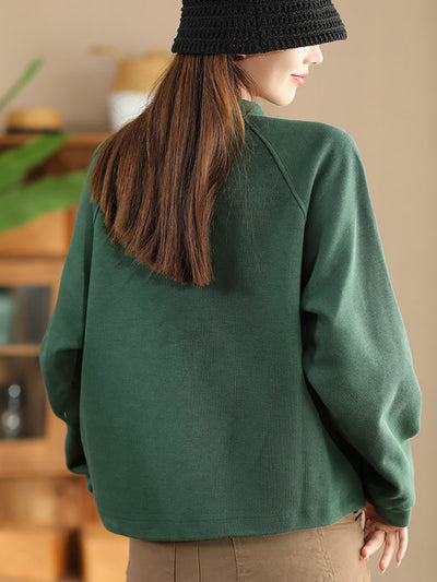 Women Autumn Pure Color Stand Collar Cotton Sweatshirt