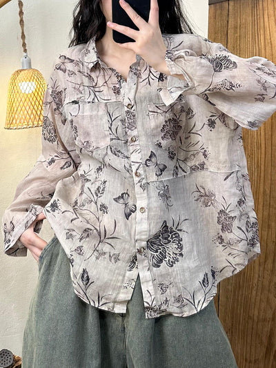 Women Vintage Autumn Flower Raw-edge Button Ramie Shirt