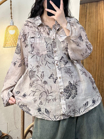 Women Vintage Autumn Flower Raw-edge Button Ramie Shirt