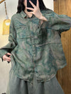 Women Vintage Autumn Flower Raw-edge Button Ramie Shirt