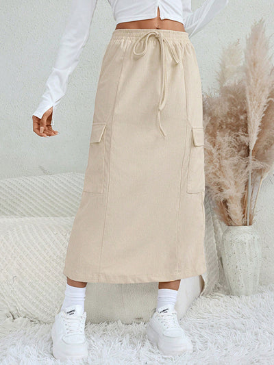 A-Line Loose Drawstring Pockets Solid Color Split-Back Split-Joint Skirts Bottoms