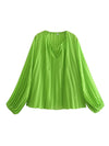 Long Sleeves Loose Elasticity Pleated Solid Color V-Neck Blouses&Shirts Tops