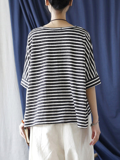 Women Summer Casual Stripe Loose O-Neck Shirt